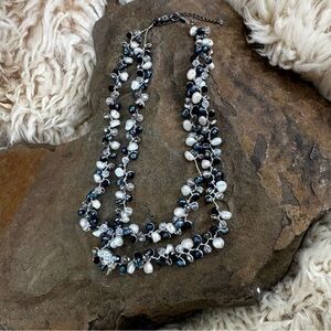Layered Black, Blue,  White Pearl Crystal Statement Necklace